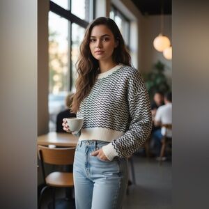 Black and white cropped sweater, chevron-ish pattern , new without tags, size XL